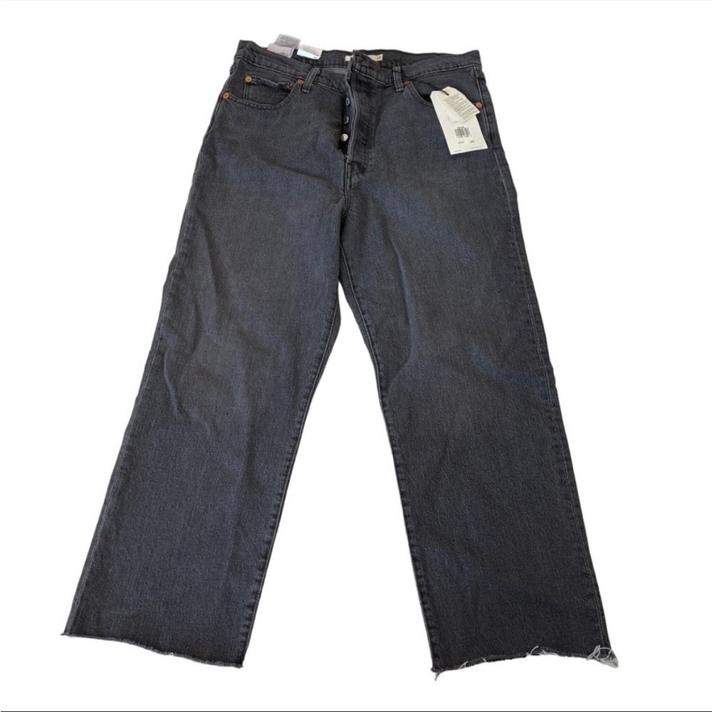 Levis Jeans Ribcage Straight Ankle Button Fly Black Raw Leg Hem Size 32 NWT